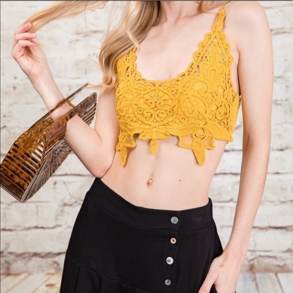 Floral Lace Eyelet Padded Bralette Top in Mustard
